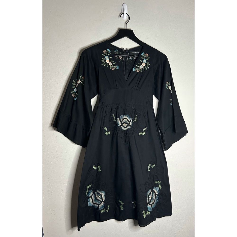 Tamara Catz Embroidered Black Cotton Bell Sleeve Dress